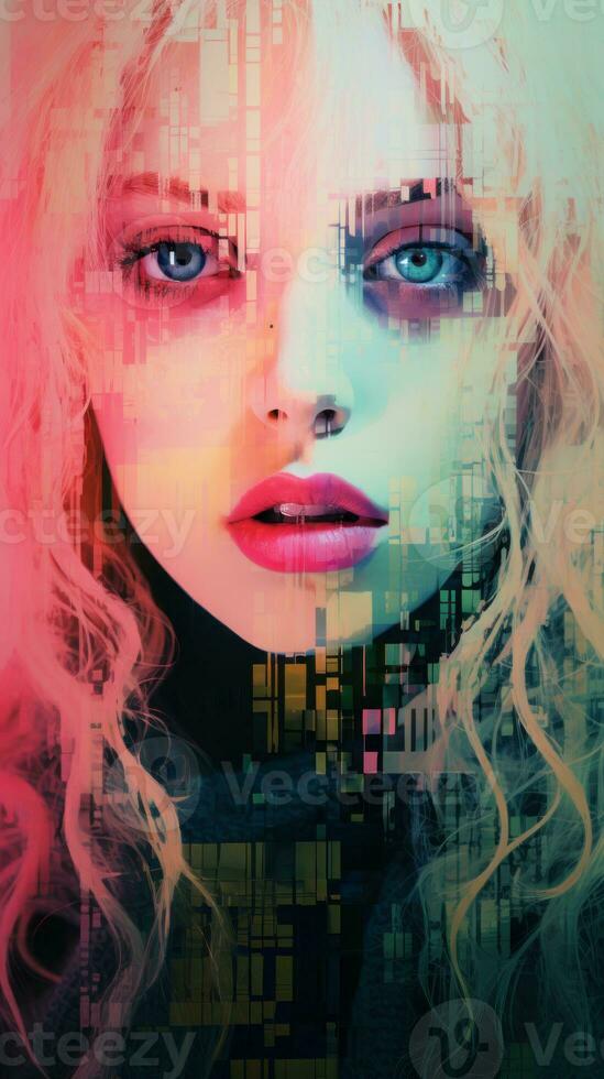 a digital painting of a woman with pink hair and blue eyes generative ai photo