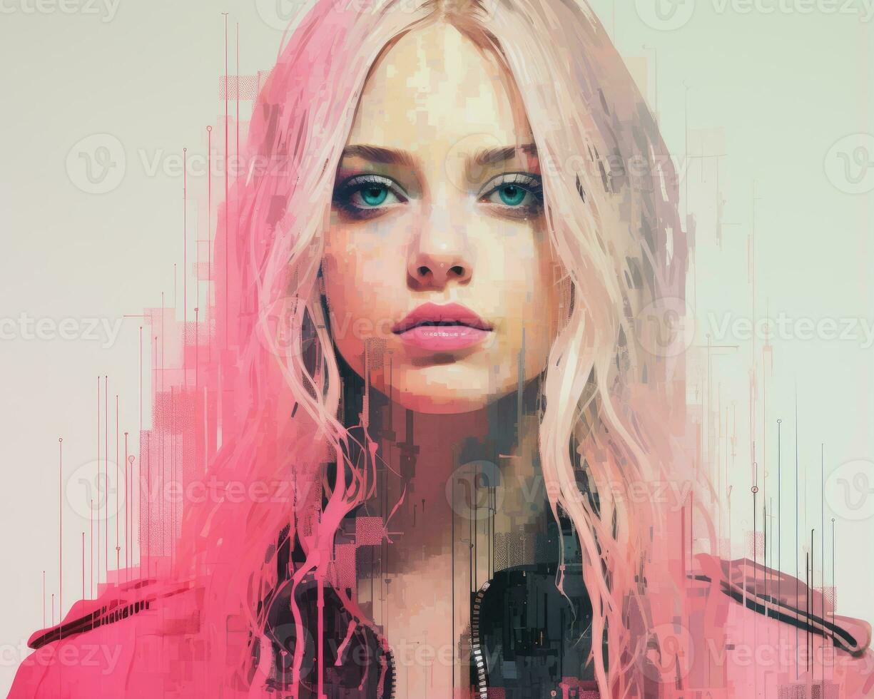 a digital painting of a woman with pink hair generative ai photo