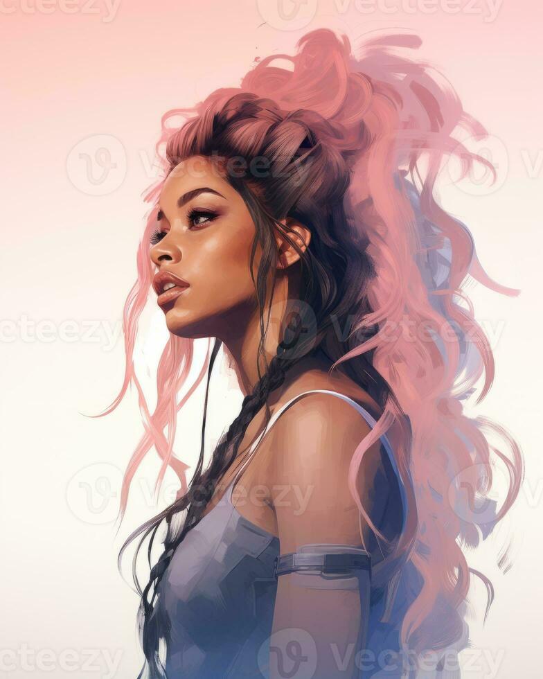 a digital painting of a woman with pink hair generative ai photo
