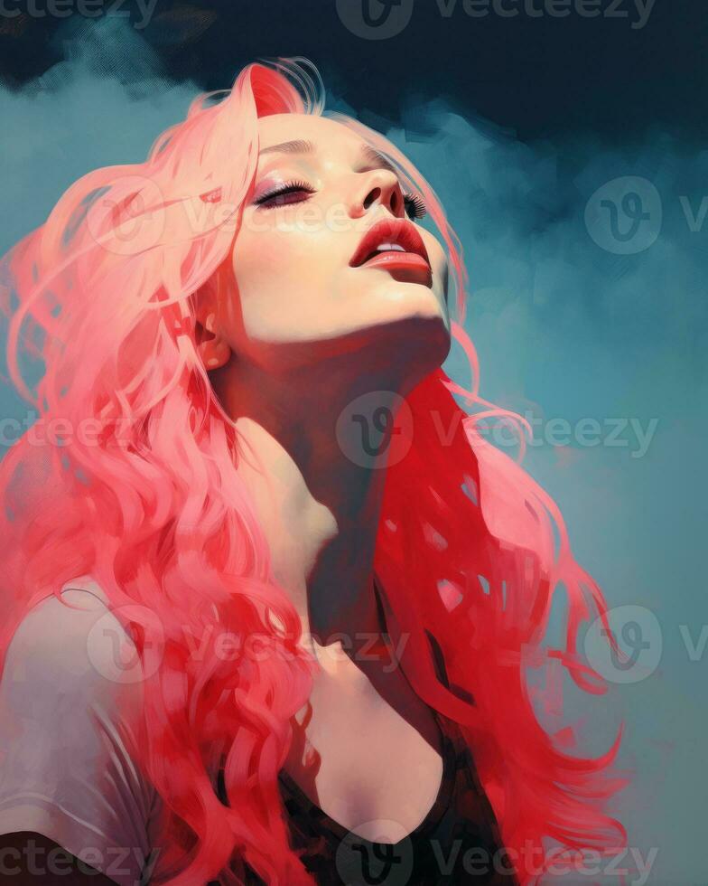 a digital painting of a woman with pink hair generative ai photo
