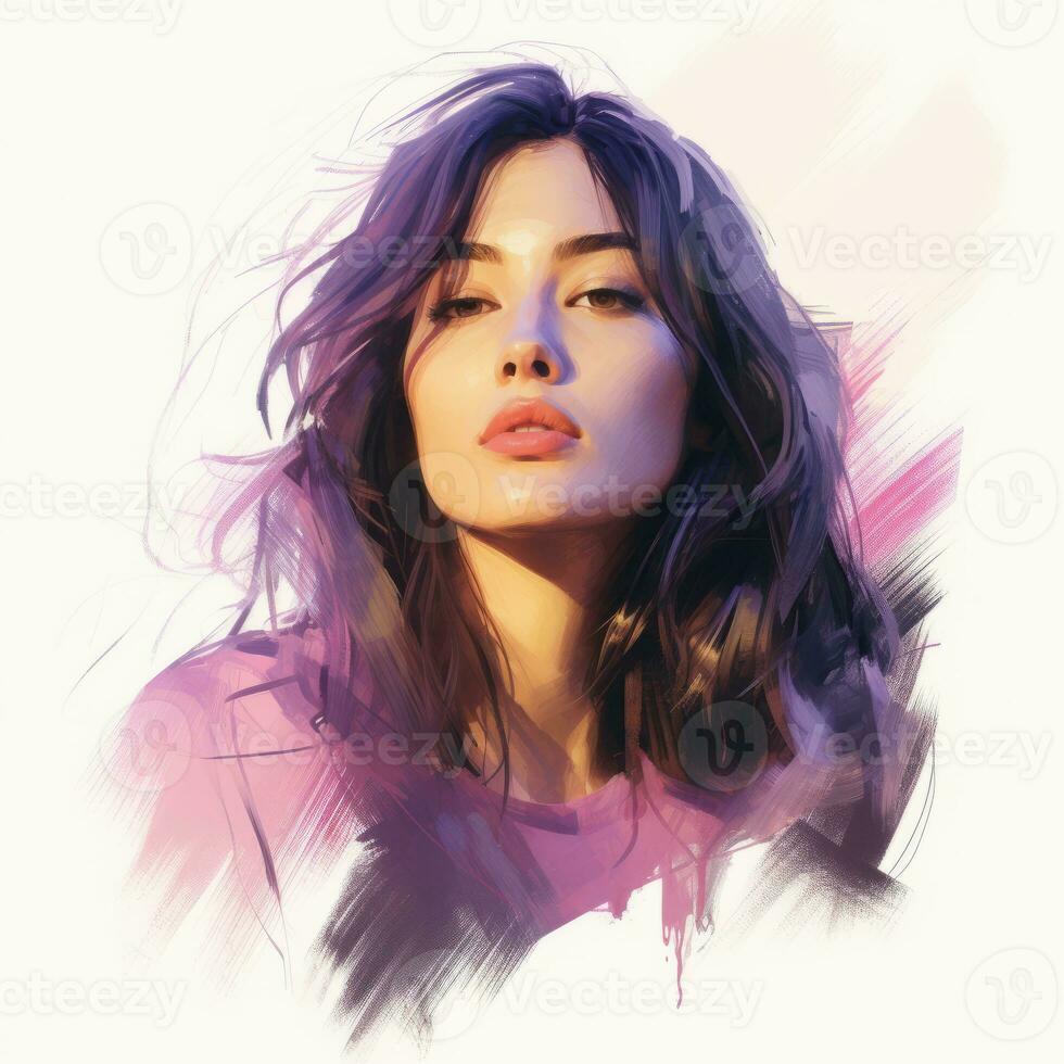a digital painting of a woman with purple hair generative ai photo