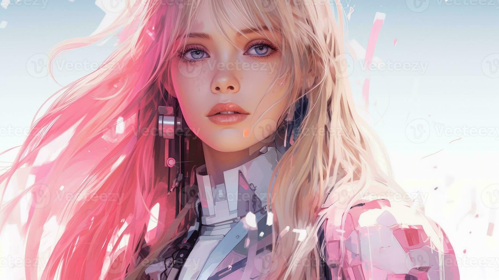 a digital painting of a woman with pink hair generative ai photo
