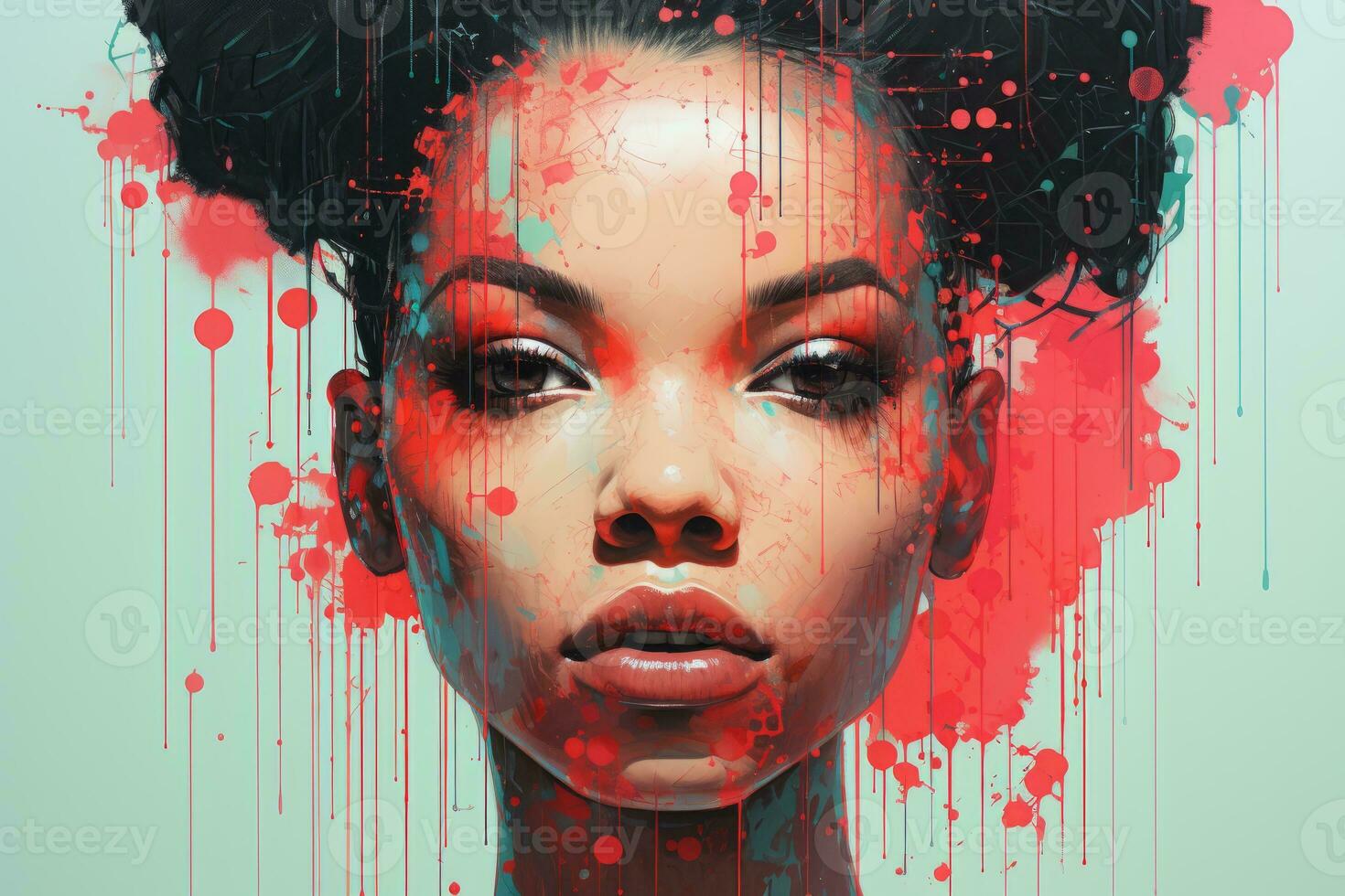 a digital painting of a woman with red paint splatters on her face generative ai photo