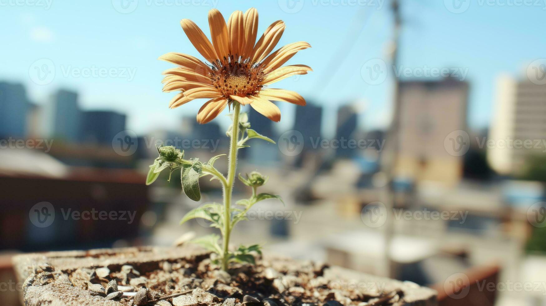 a flower growing out of a cement block in front of a city skyline generative ai photo