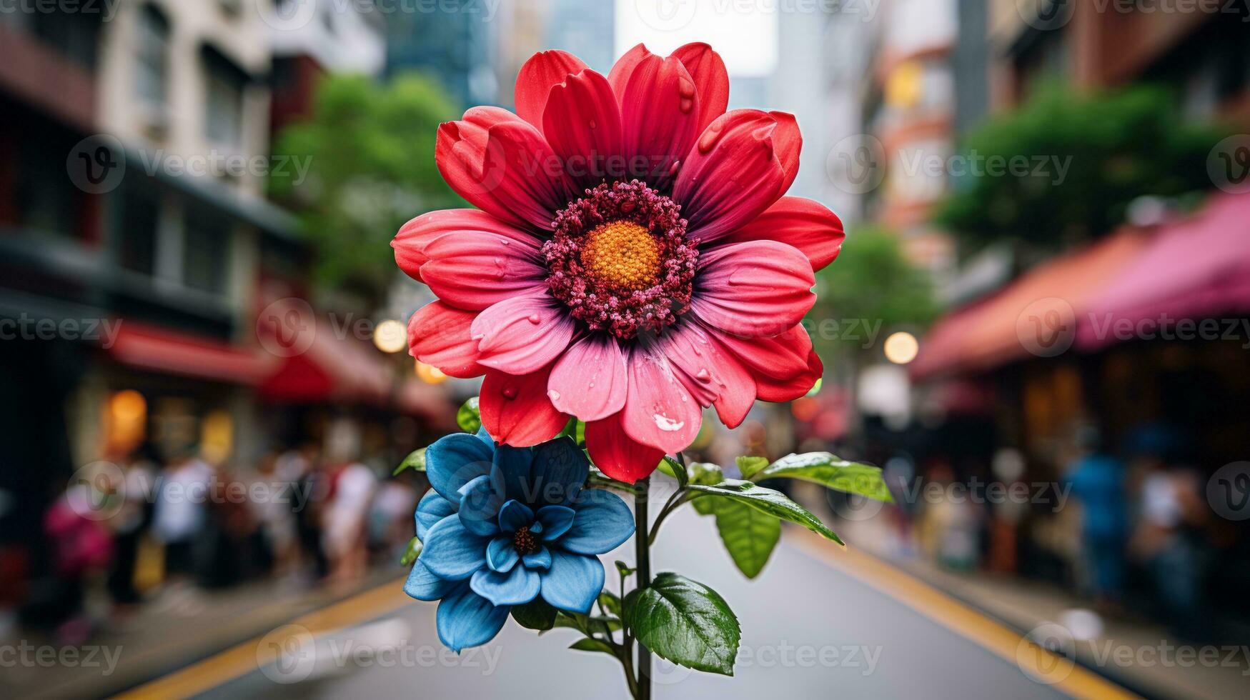 a flower in the middle of a city street generative ai photo