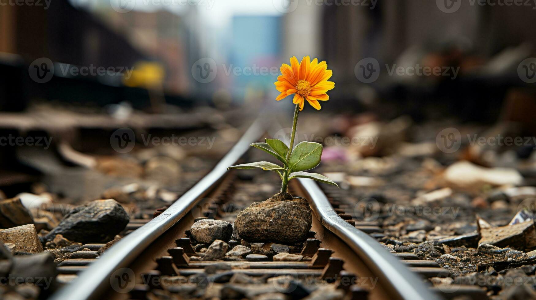 a flower growing on the tracks of a train track generative ai photo