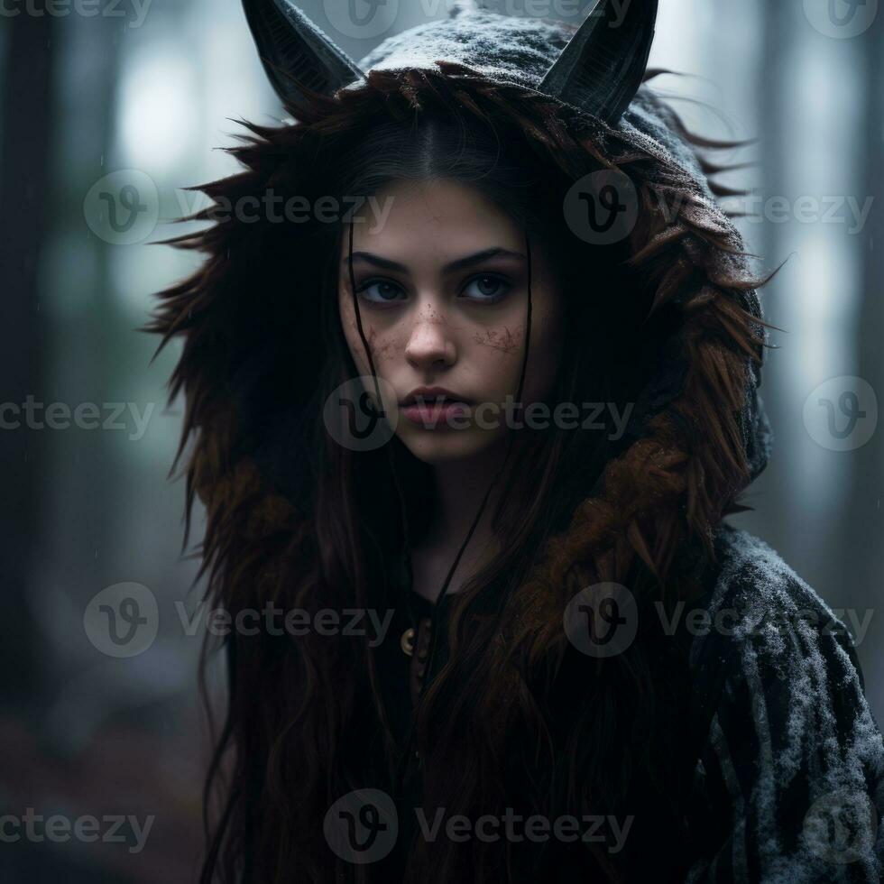 a girl in a wolf costume in the woods generative ai photo