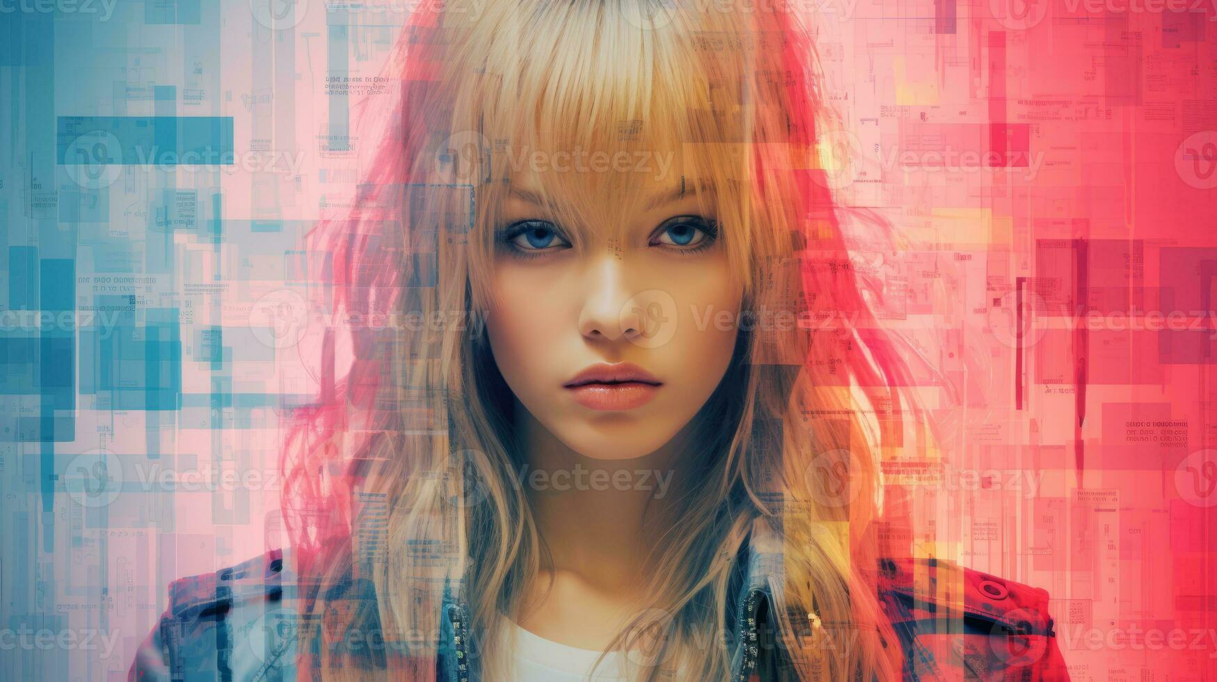 a girl with blonde hair and blue eyes in front of an abstract background generative ai photo
