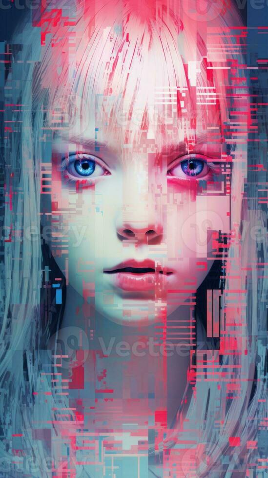 a girl with blue eyes and pink hair is in front of a computer screen generative ai photo