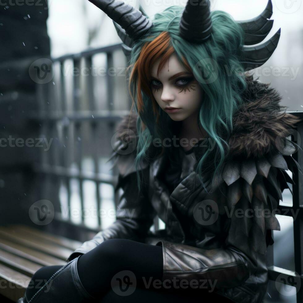a girl with green hair and horns sitting on a bench generative ai photo