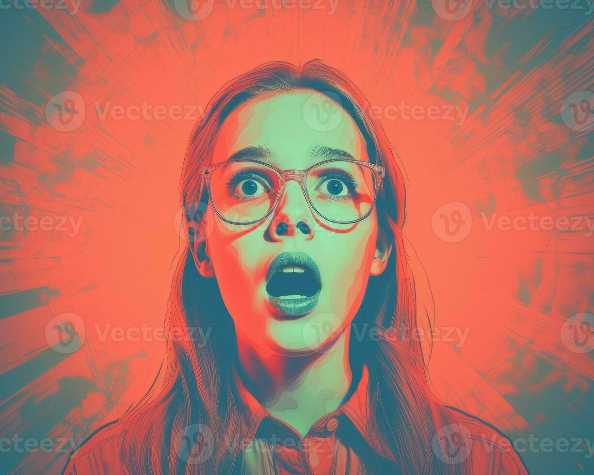 a girl with glasses and a shocked expression on her face generative ai photo