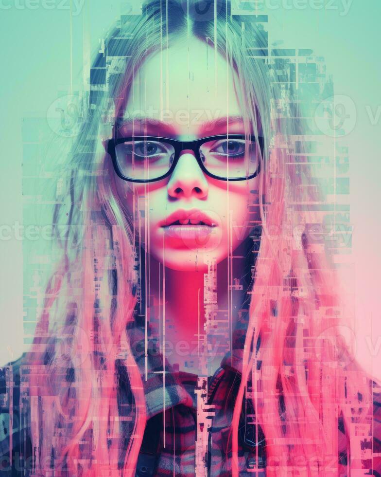 a girl with glasses and long hair in front of a blue and pink background generative ai photo