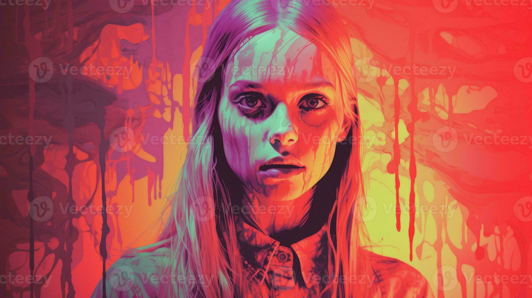 a girl with long blonde hair in front of an orange and red background generative ai photo