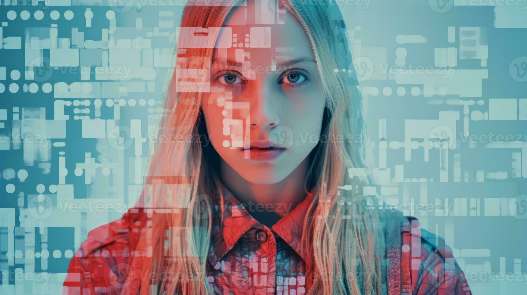 a girl with long blonde hair and a red shirt is in front of a computer screen generative ai photo