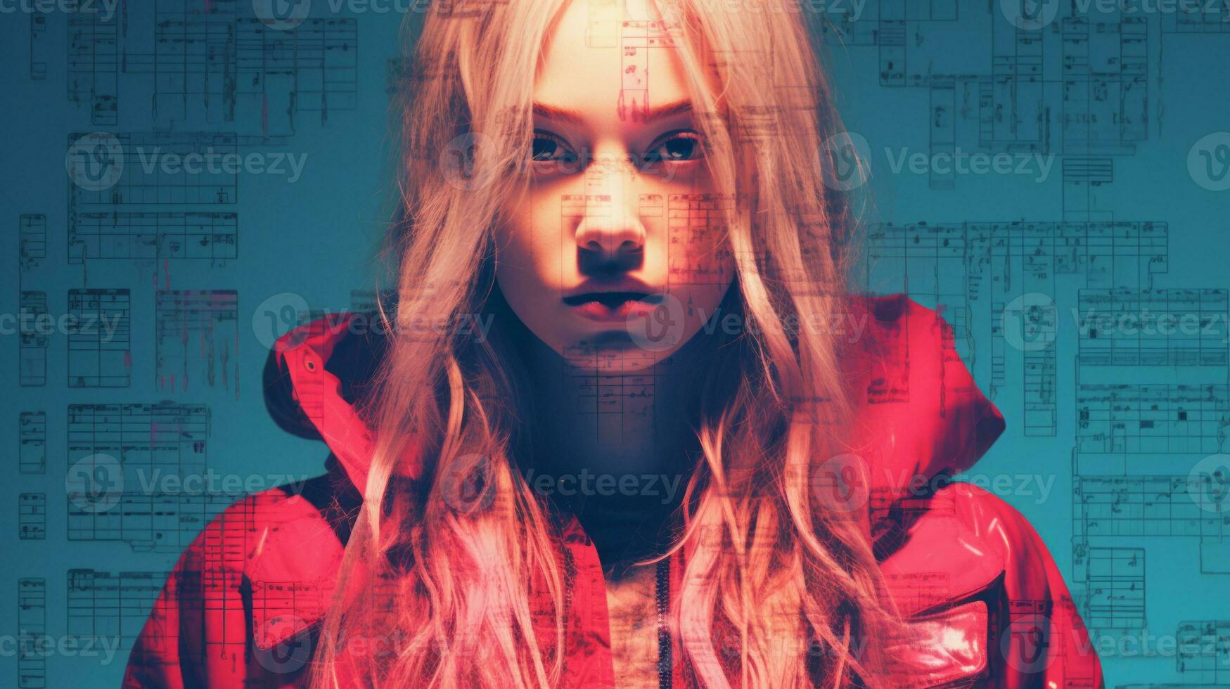 a girl with long blonde hair and a red jacket generative ai photo