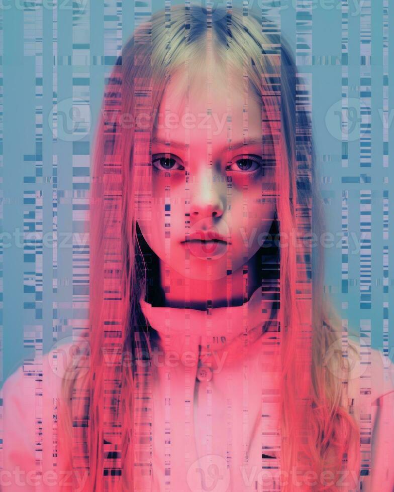 a girl with long blonde hair is standing in front of a computer screen generative ai photo