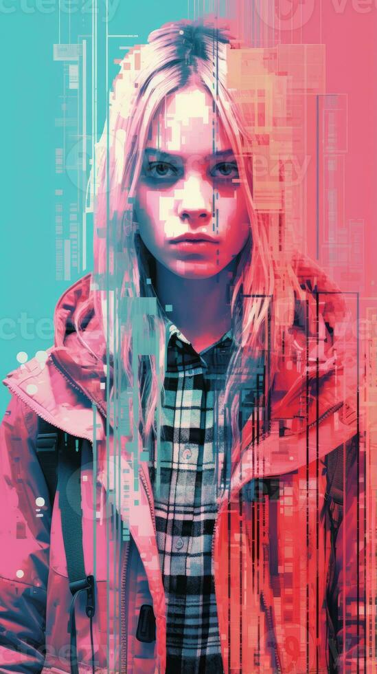 a girl with long blonde hair is standing in front of a colorful background generative ai photo
