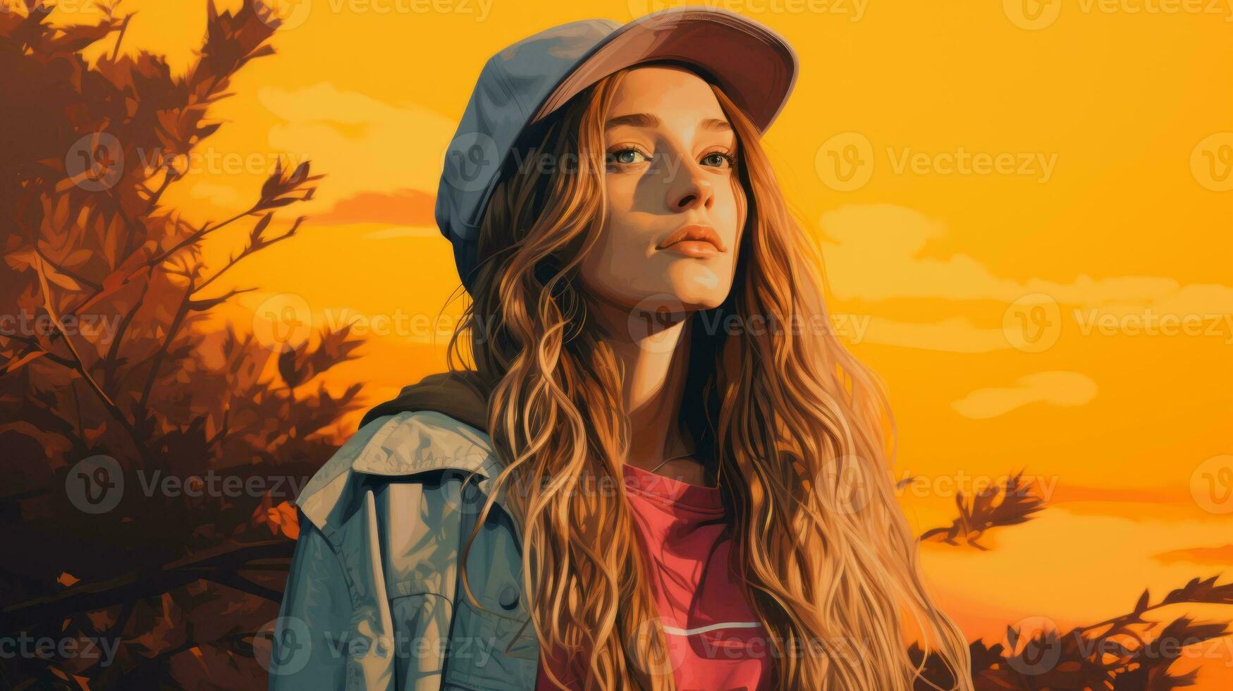 a girl with long hair and a hat is standing in front of a sunset generative ai photo