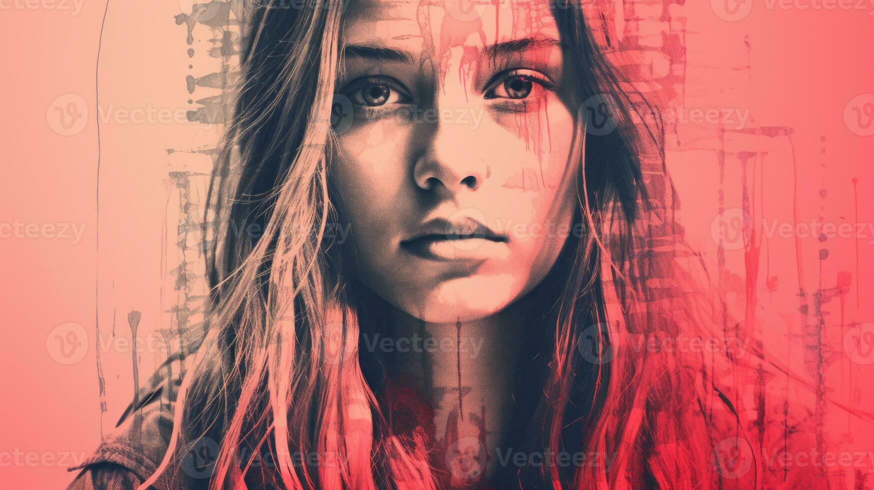 a girl with long hair and a red background generative ai photo