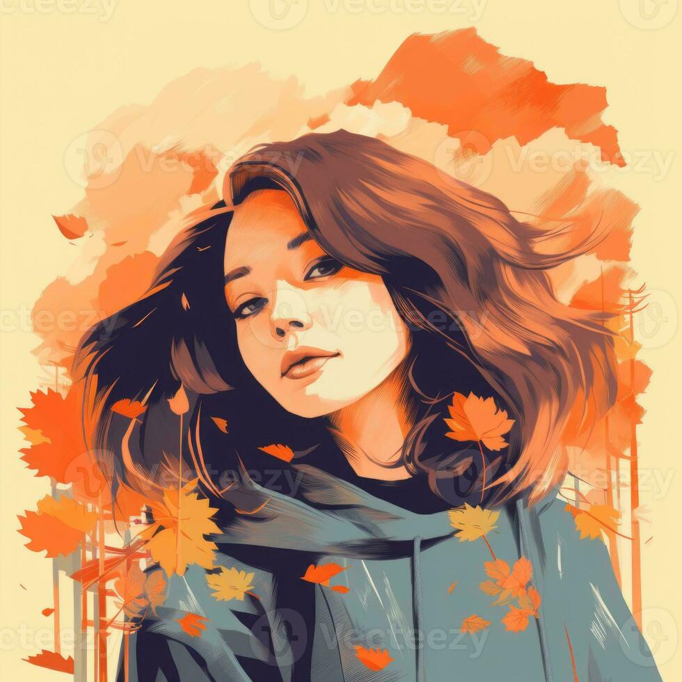 a girl with long hair and autumn leaves in her hair generative ai photo