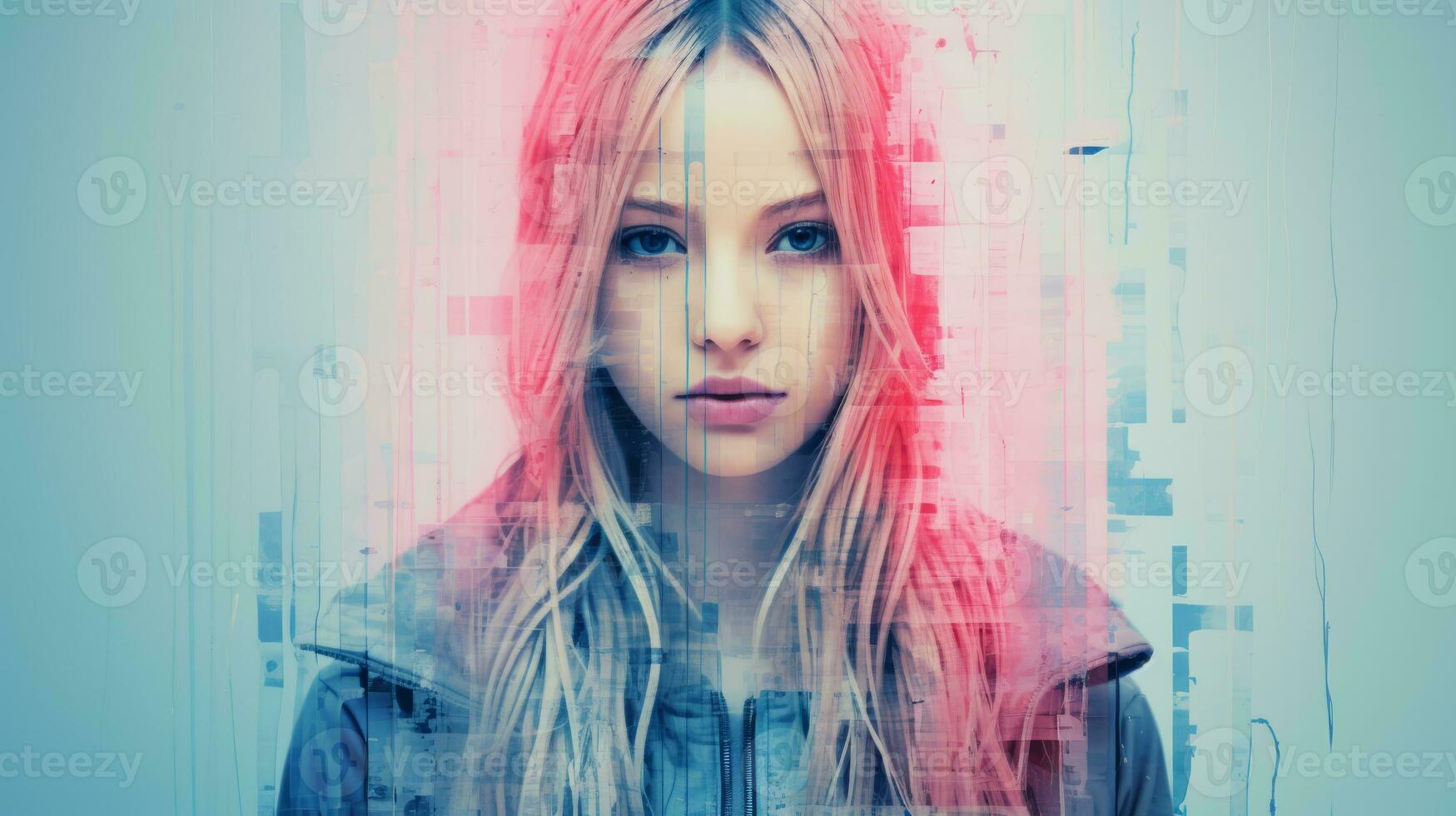 a girl with long hair and pink hair is in front of a blue background generative ai photo