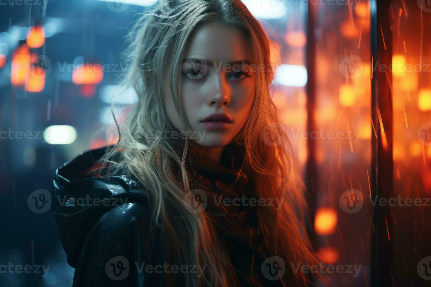 a girl with long hair standing in the rain generative ai photo