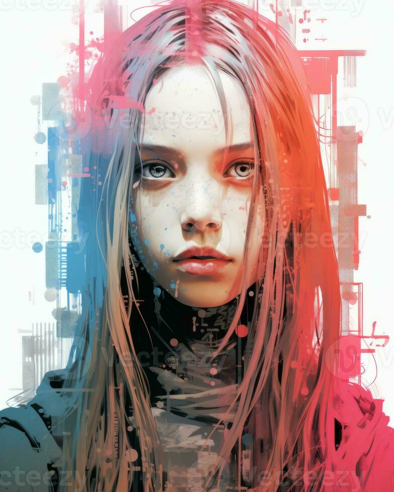 a girl with long hair is in front of an abstract background generative ai photo