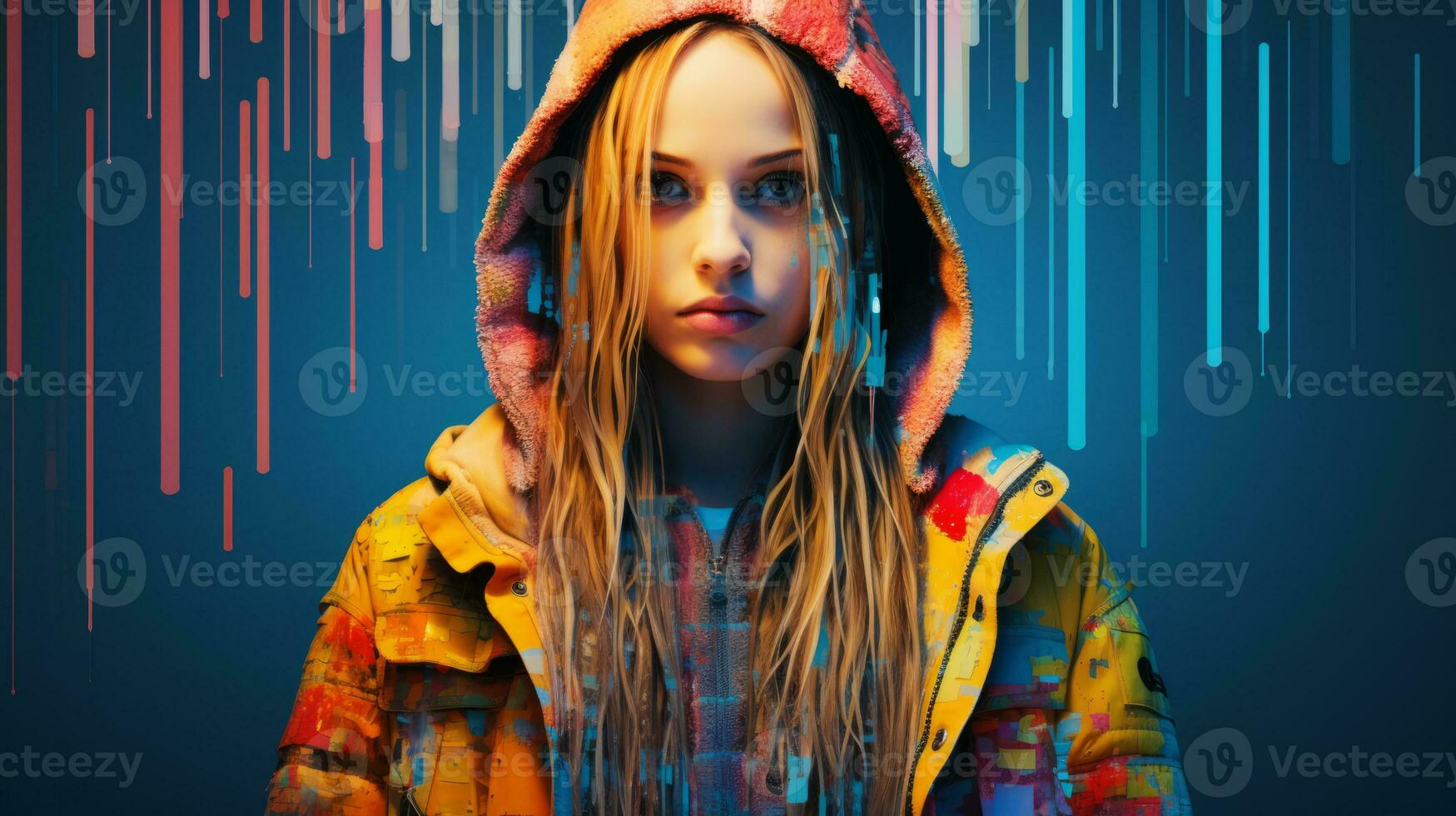 a girl with long hair wearing a colorful jacket generative ai photo