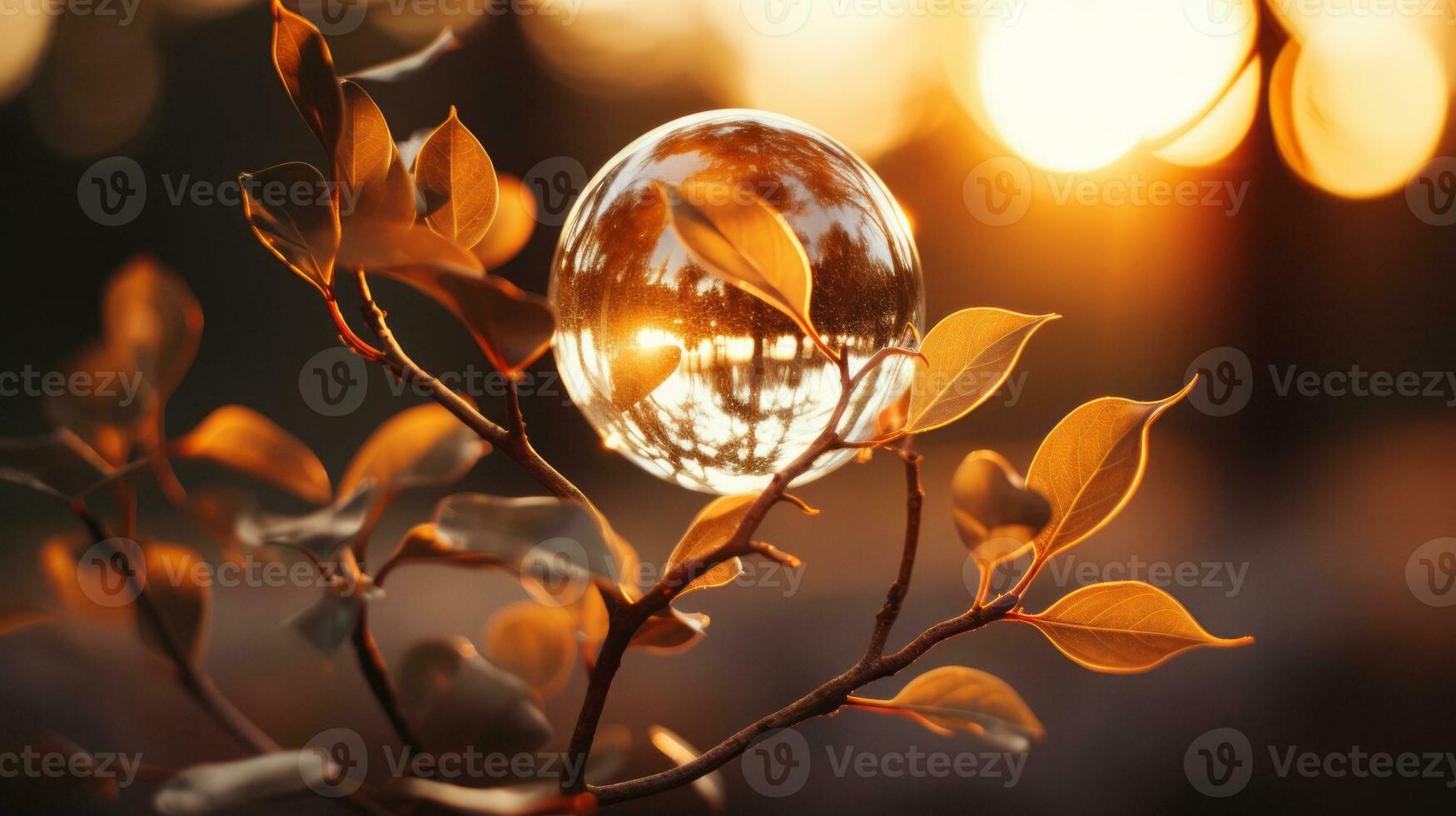 a glass ball is sitting on a branch with the sun setting in the background generative ai photo