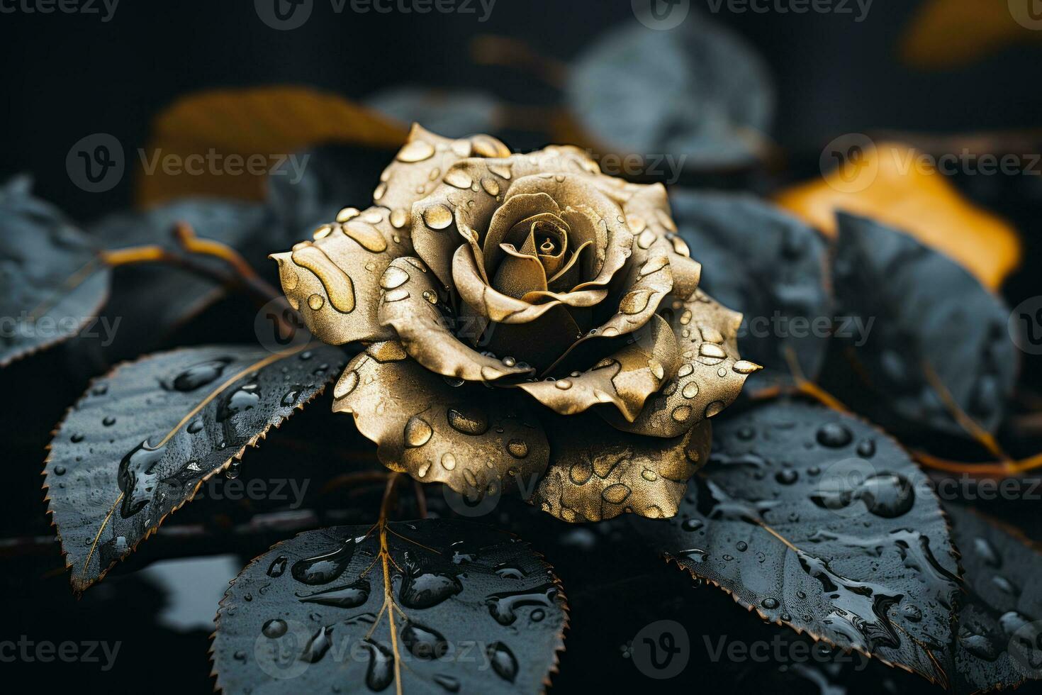 a golden rose with water droplets on it generative ai photo