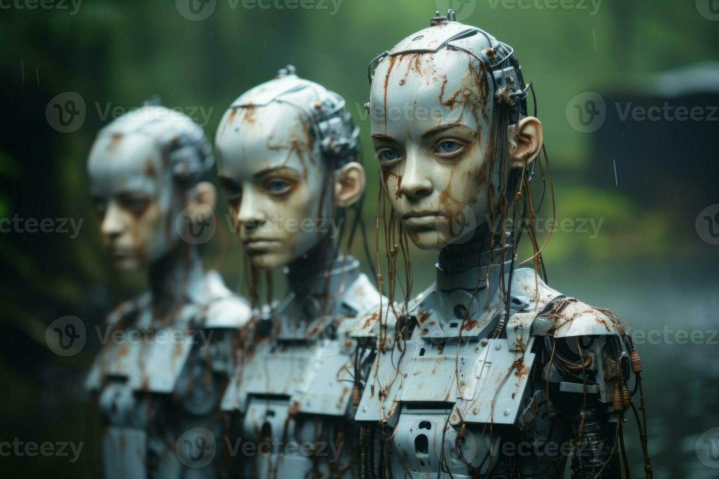 a group of three robots standing in the water generative ai photo