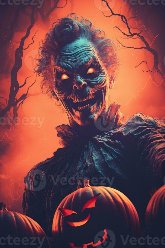 a halloween poster with a scary clown and pumpkins generative ai photo