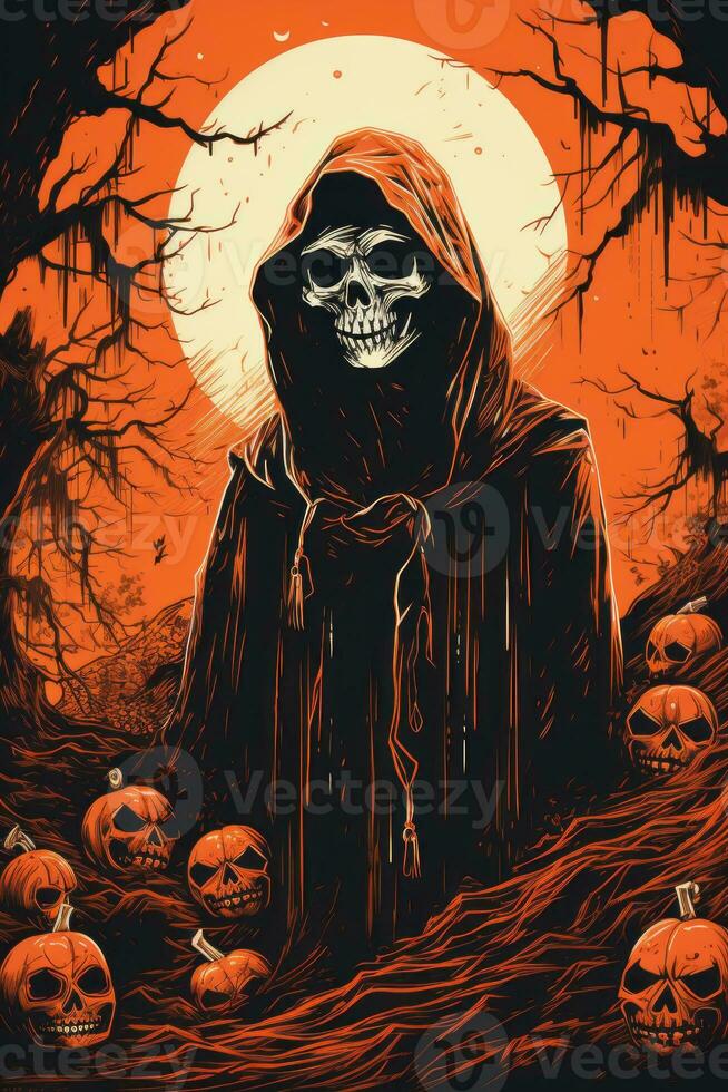 a halloween poster with the grim reaper in the middle surrounded by pumpkins generative ai photo