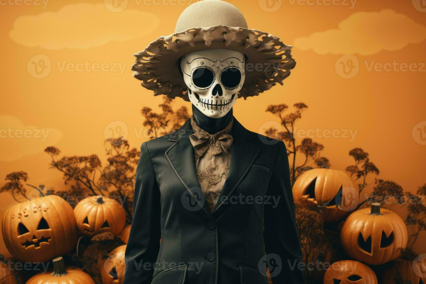 a halloween skeleton in a suit and hat surrounded by pumpkins generative ai photo