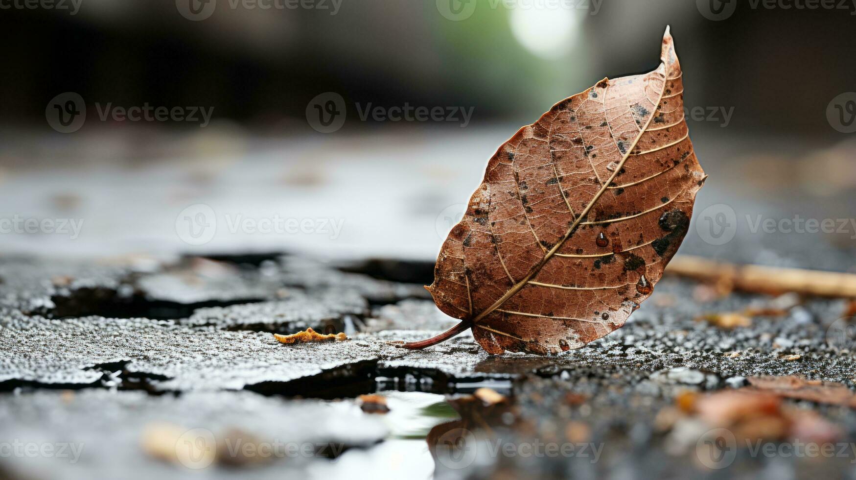 a leaf laying on the ground in a puddle of water generative ai photo