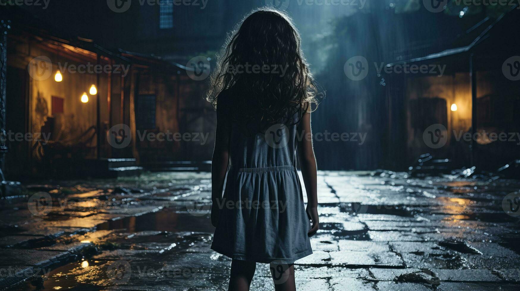 a little girl is standing in the middle of a dark alley at night generative ai photo