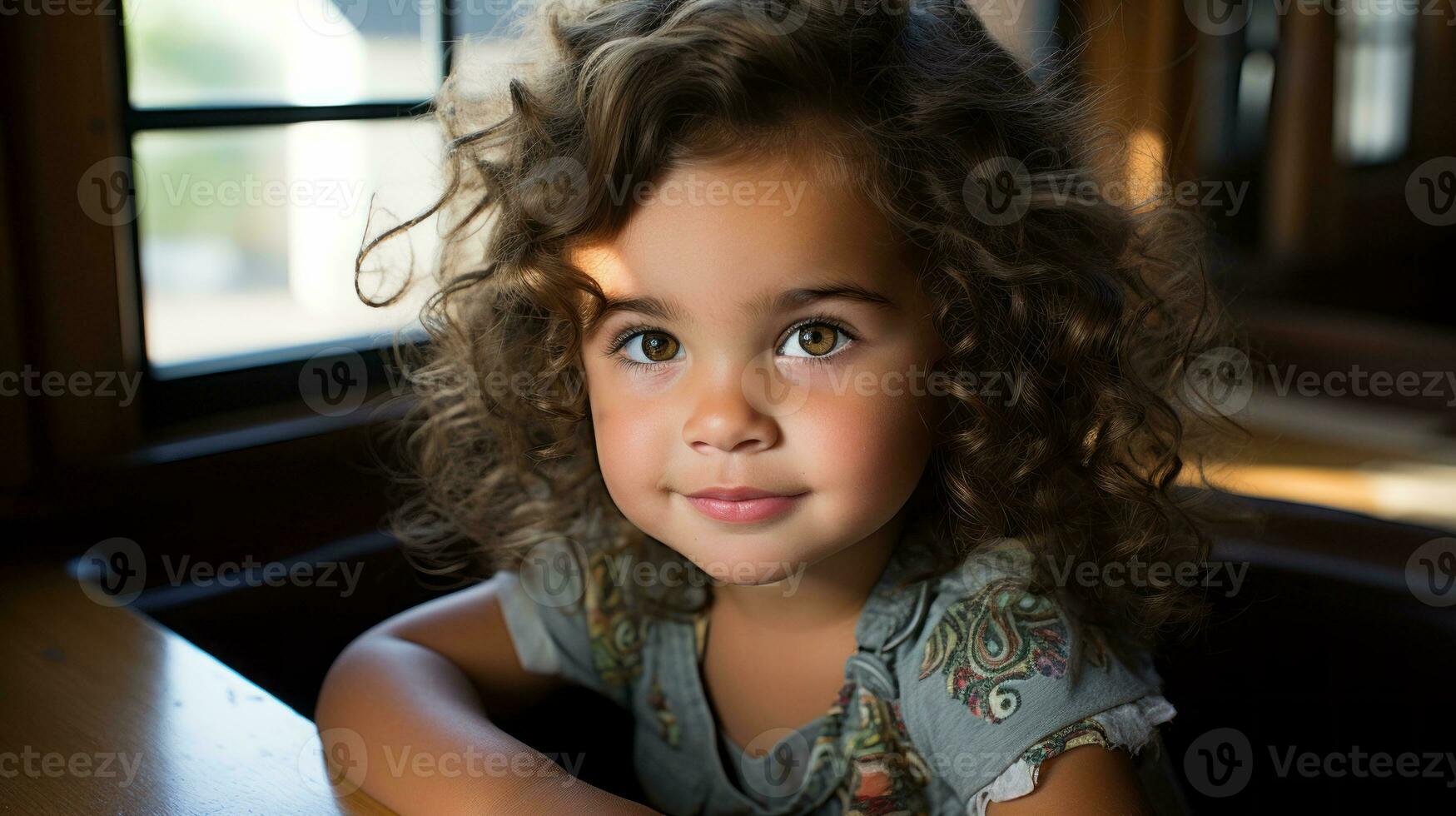 a little girl with curly hair sitting at a table generative ai photo