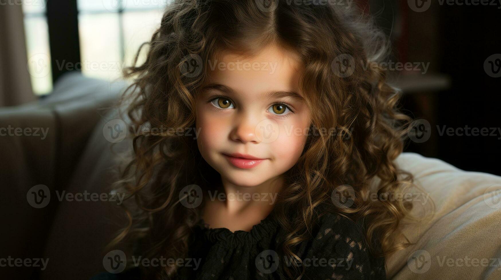 a little girl with curly hair sitting on a couch generative ai photo