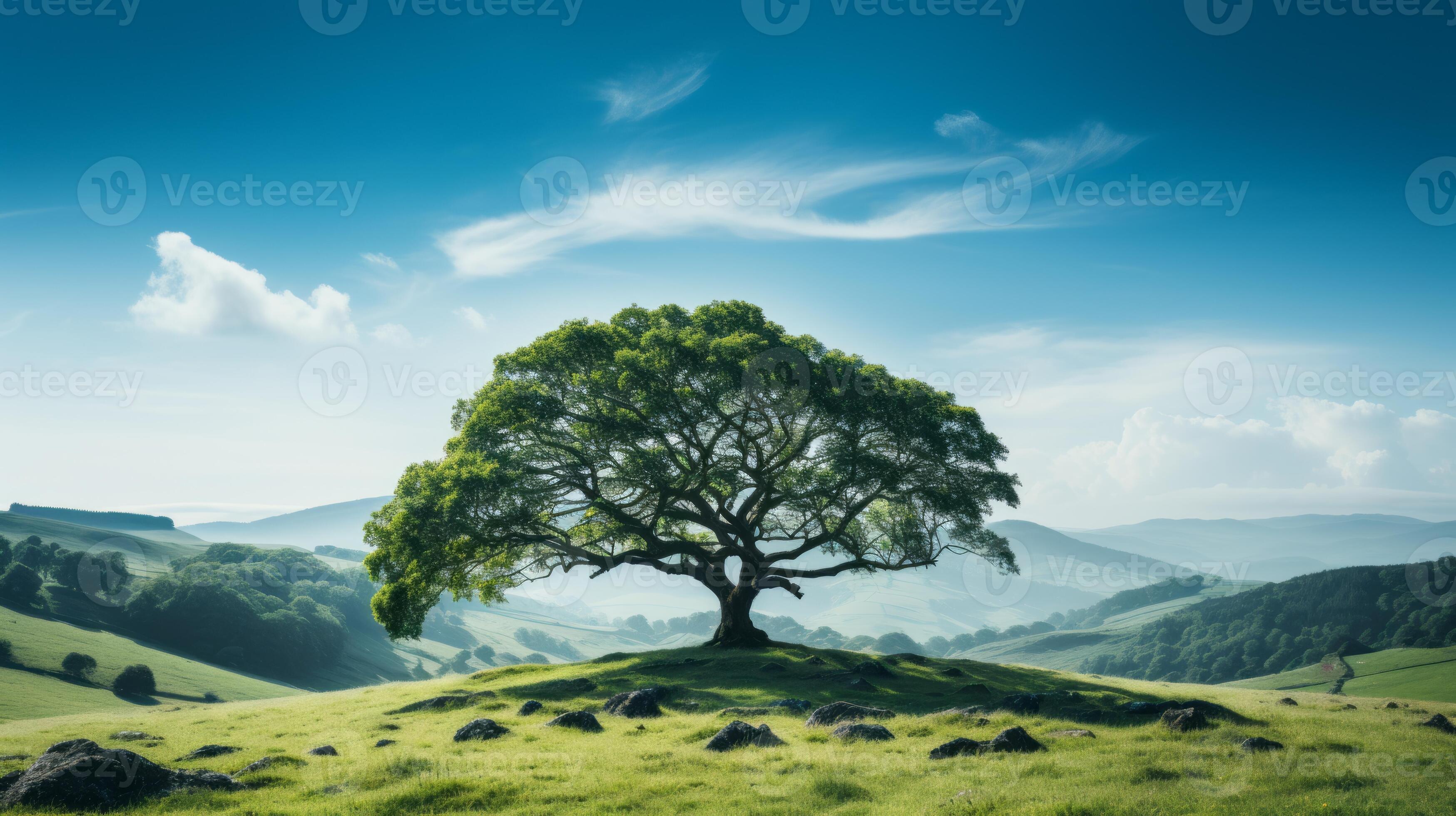 a lone tree on a hill in the middle of a green field generative ai