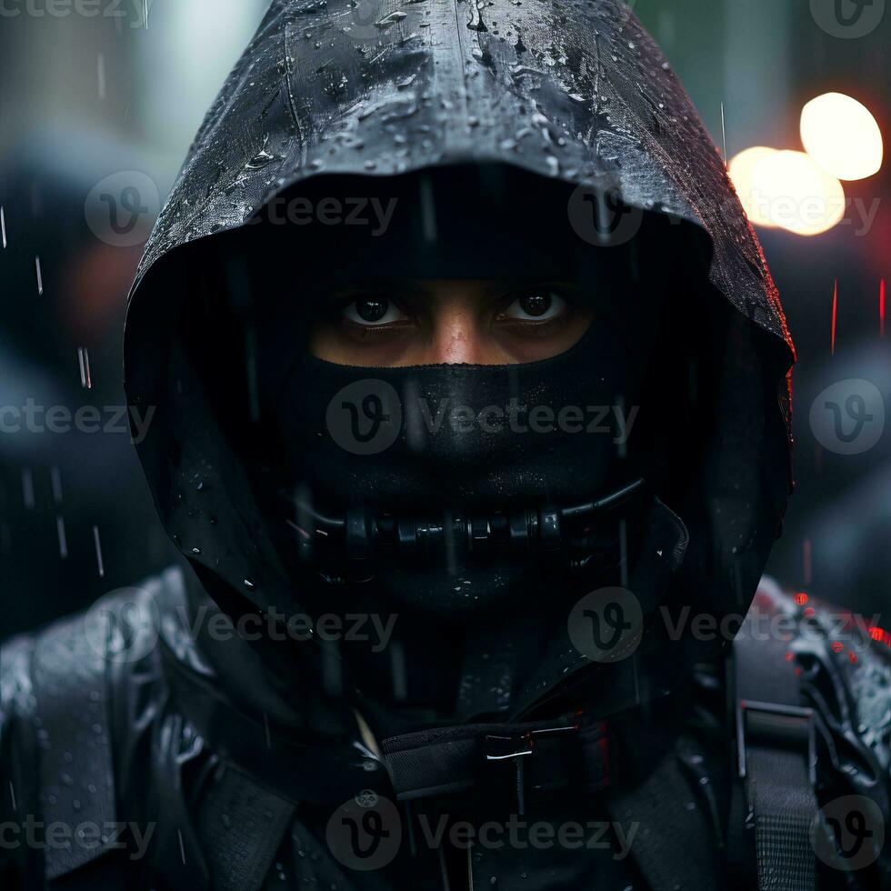 a man in a black hoodie with a mask on in the rain generative ai photo