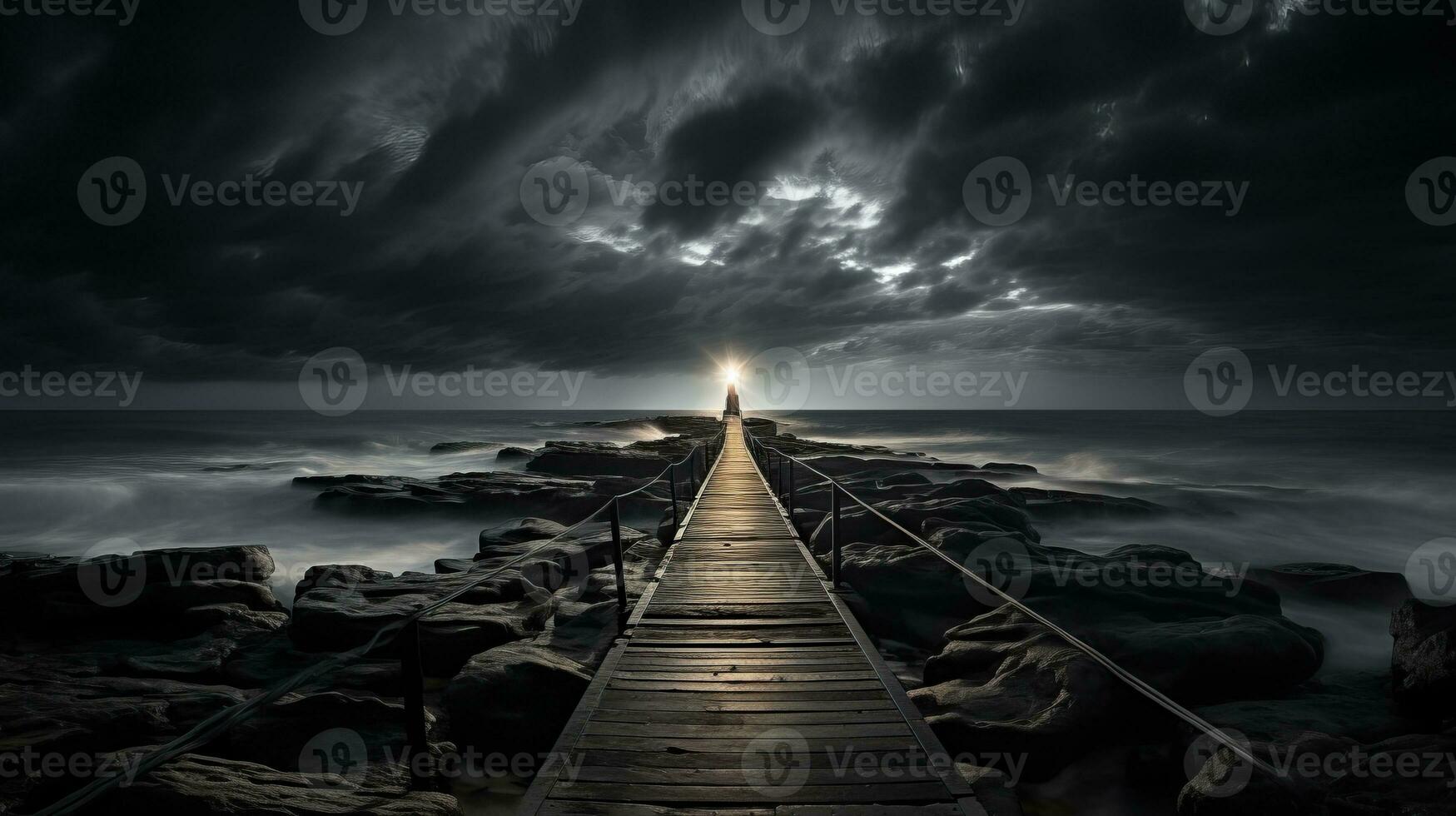 a long wooden pier leads to the ocean under a stormy sky generative ai photo