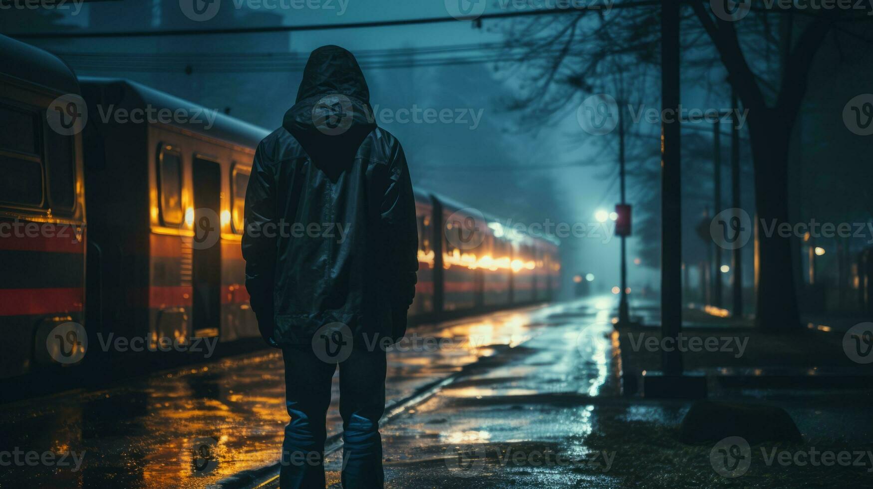 a man in a hooded jacket standing in front of a train at night generative ai photo