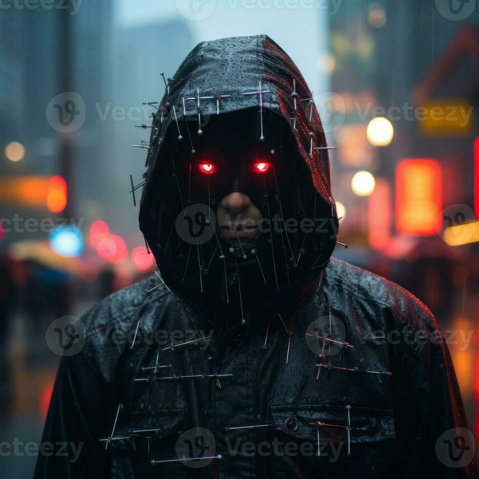 a man in a hooded jacket with pins on his face generative ai photo