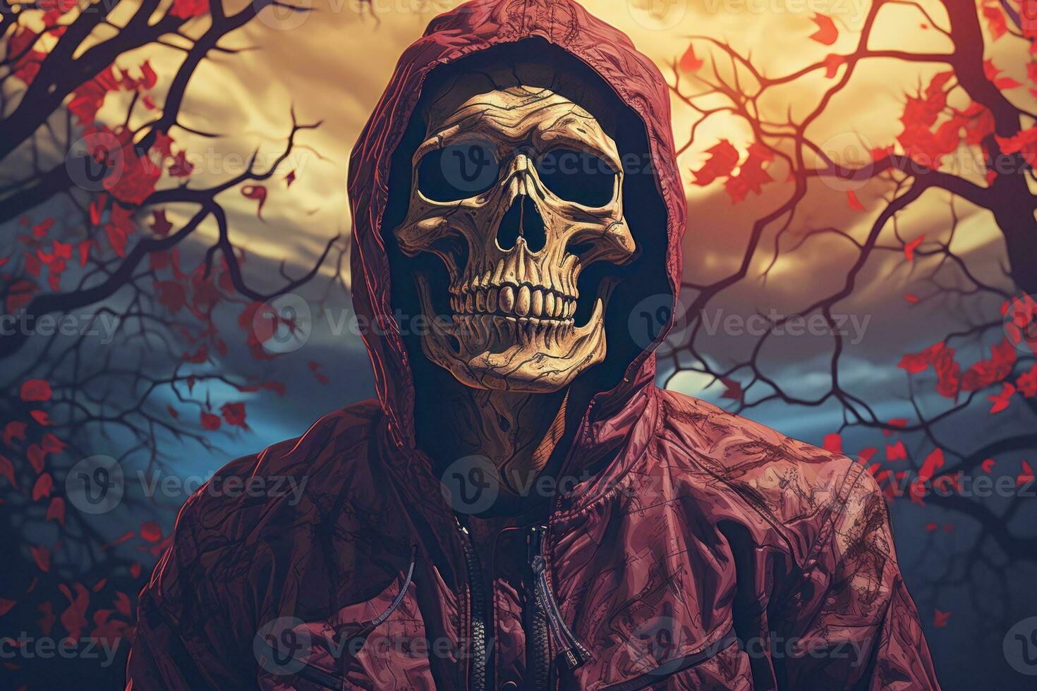 a man in a red hoodie with a skull on his face generative ai photo