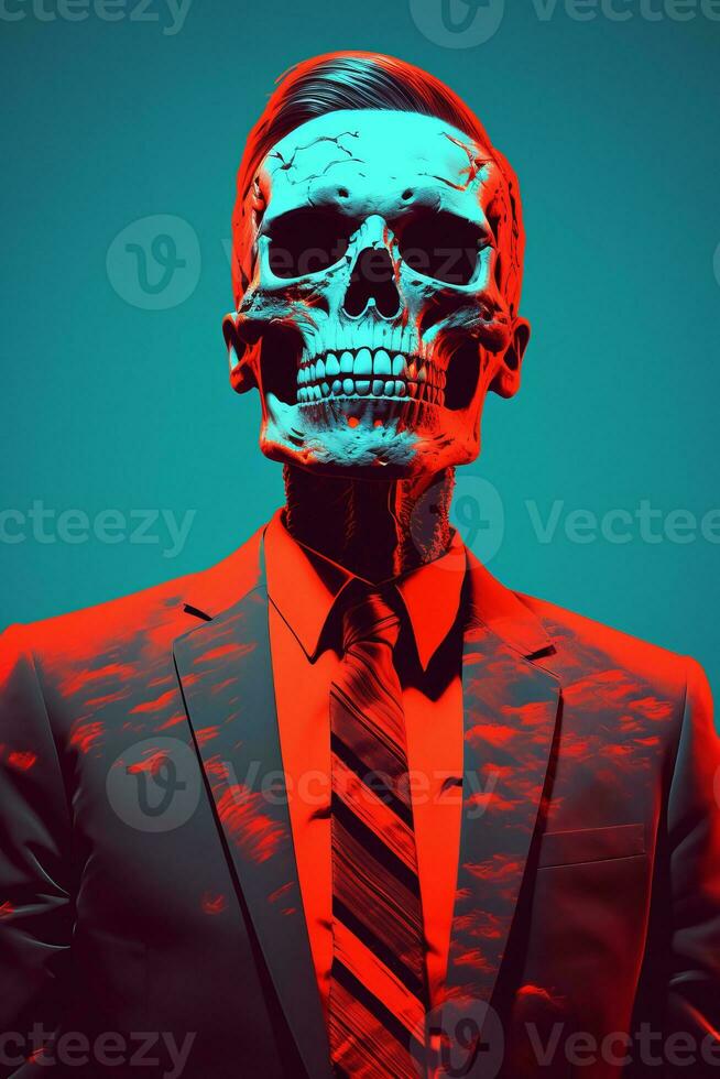 a man in a suit and tie with a skull on his head generative ai photo