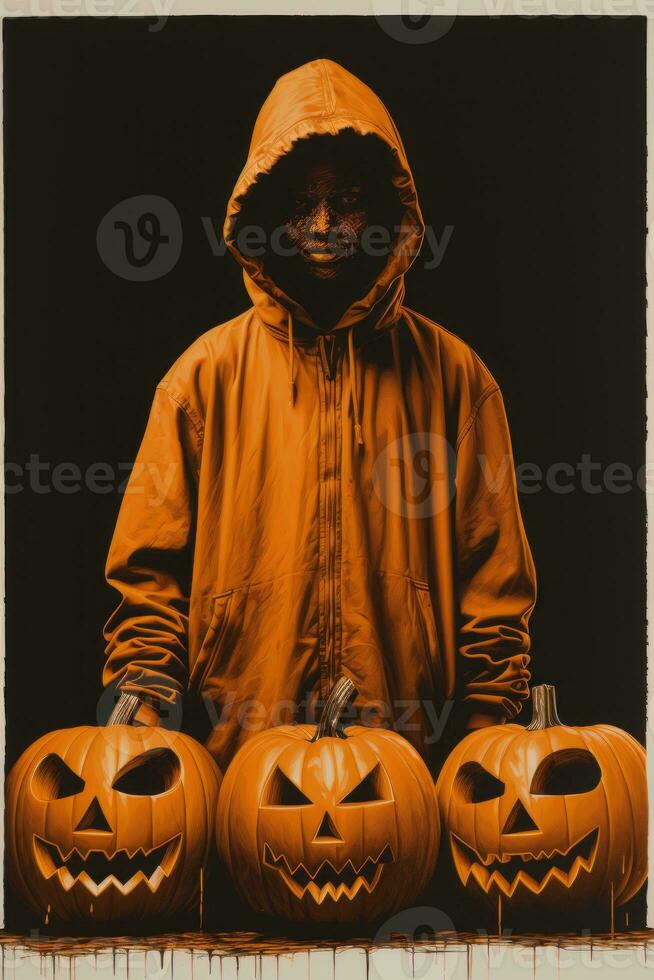 a man in an orange hoodie standing in front of pumpkins generative ai photo