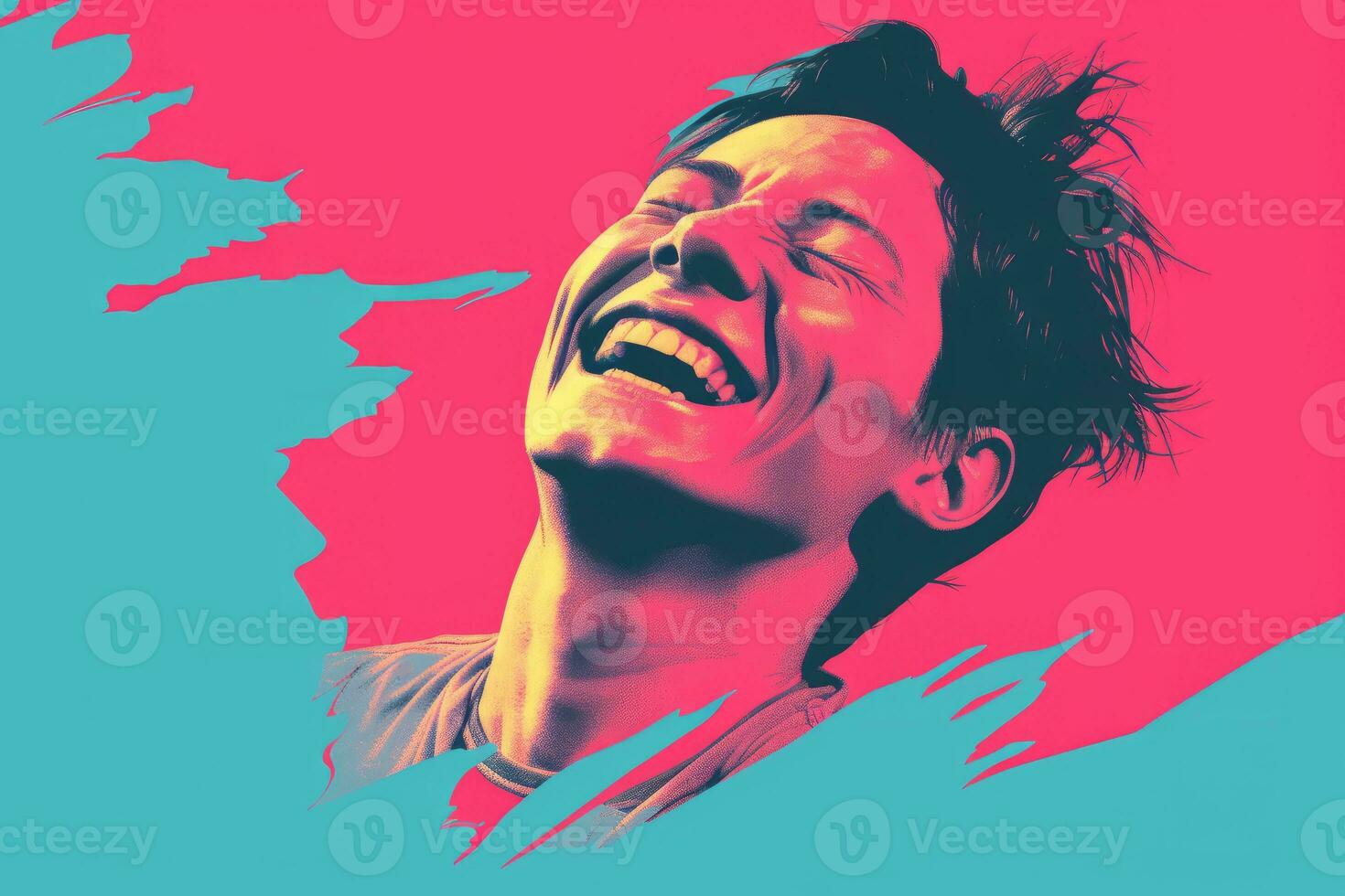 a man is laughing in front of a pink and blue background generative ai photo
