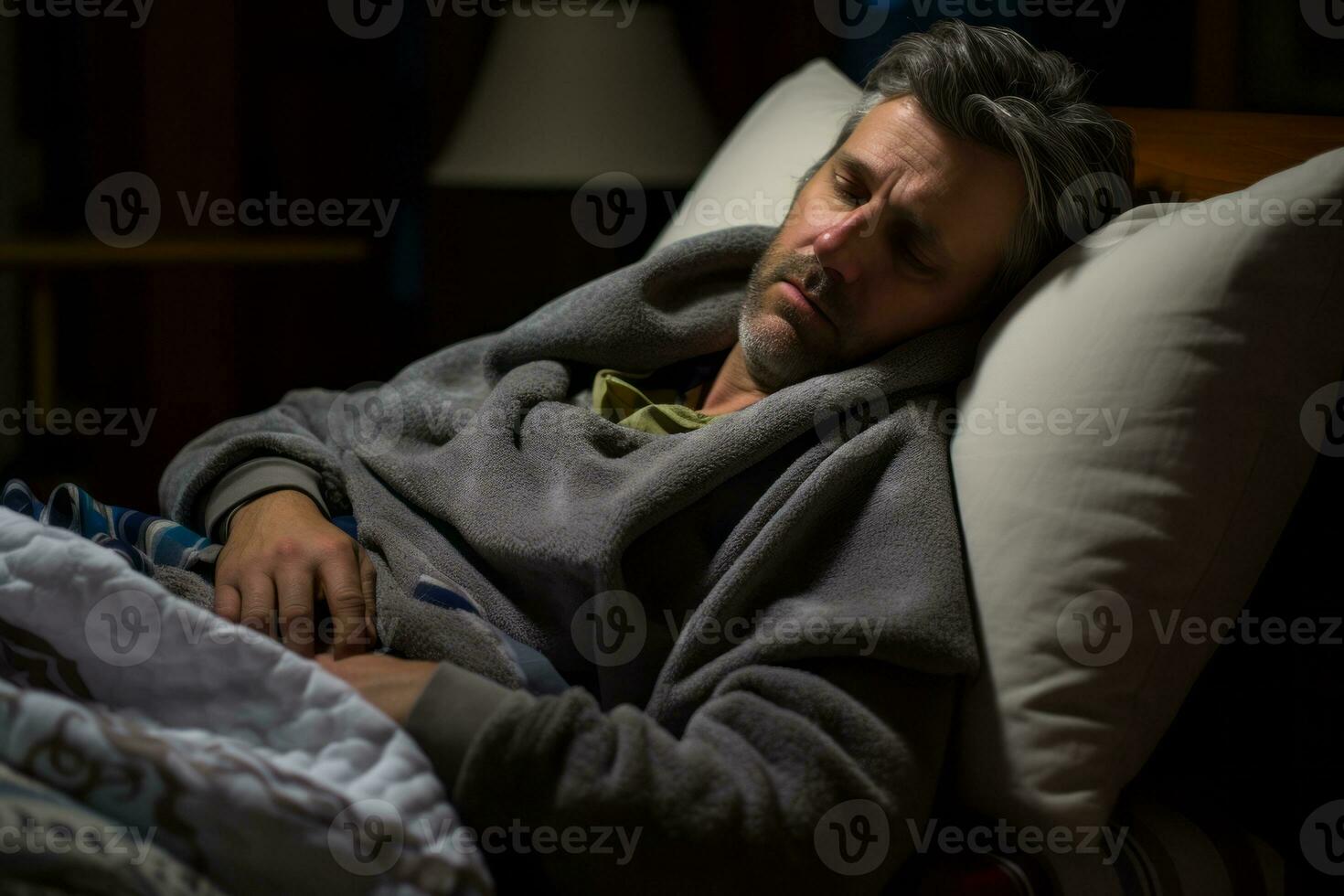 a man is sleeping in a bed at night generative ai photo