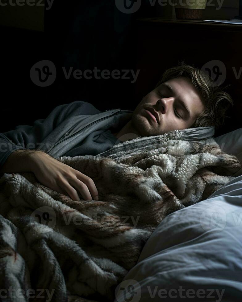 a man is sleeping in a bed generative ai photo