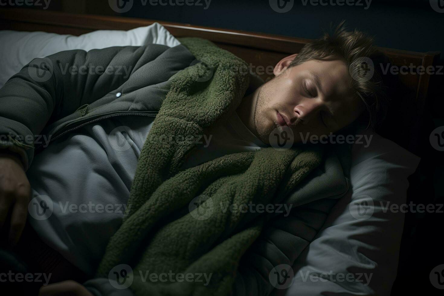 a man is sleeping in a bed generative ai photo